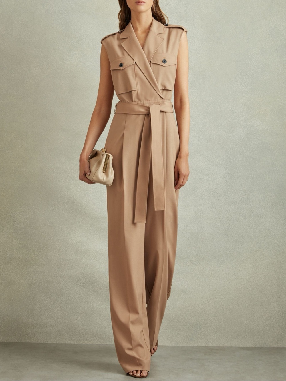NWT Reiss Luisa Wool Blend Double Breasted Belted Jumpsuit in Stone Sz 8